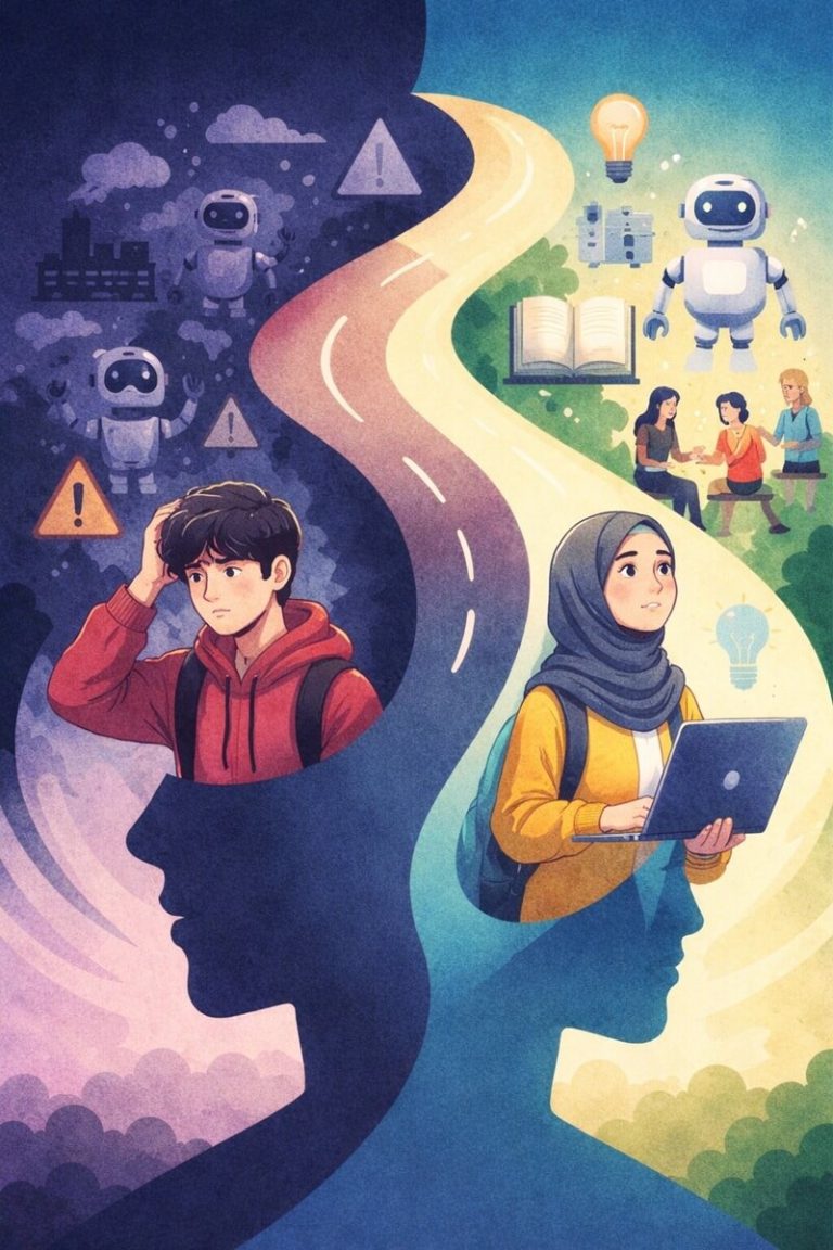 Ilustrasi perbedaan persepsi antargenerasi terhadap perkembangan kecerdasan buatan (AI). Generasi muda cenderung lebih khawatir terhadap dampak teknologi ini pada masa depan pekerjaan dan kehidupan sosial, sementara generasi yang lebih tua justru menunjukkan tingkat kepercayaan diri yang lebih tinggi dalam menghadapi perubahan tersebut.