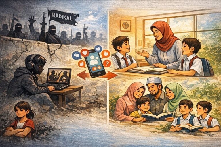 Ilustrasi pendidikan moderasi beragama sebagai upaya mencegah penyebaran paham radikalisme di kalangan anak dan remaja melalui peran keluarga dan sekolah.