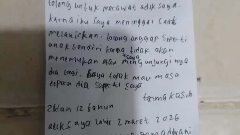 Secarik surat yang diduga ditulis bocah 12 tahun ditemukan bersama bayi yang ditinggalkan di kawasan Pejaten, Jakarta Selatan. Dalam tulisan tersebut, sang kakak meminta orang yang menemukan adiknya untuk merawat bayi itu setelah ibu mereka meninggal saat melahirkan
