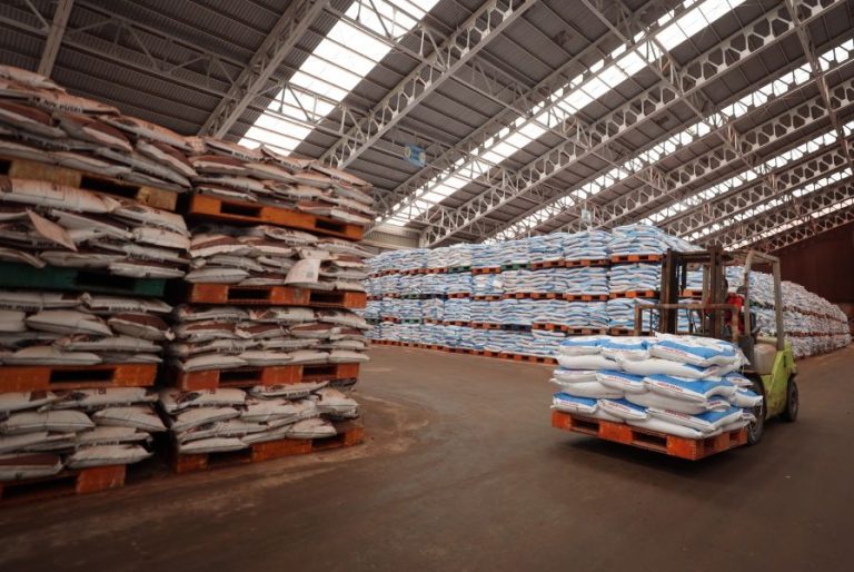 Warehouse with tall pallets stacked with white bags; a forklift moves a pallet in the foreground.