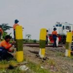 Railroad workers in orange uniforms kneeling and painting yellow posts along the track with a train in the background