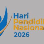 Logo for hari pendidikan nasional 2026 featuring a blue abstract human figure with an orange swoosh and the event text in blue and orange on a gray background