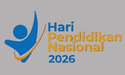 Logo for Hari Pendidikan Nasional 2026, featuring a blue abstract human figure with an orange swoosh and the event text in blue and orange on a gray background.