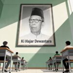 Classroom scene with students at desks and a large framed portrait of ki hajar dewantara on the wall sunlight casting diagonal shadows