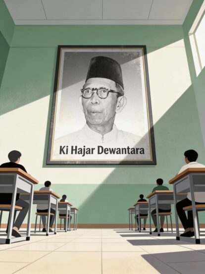 Classroom scene with students at desks and a large framed portrait of Ki Hajar Dewantara on the wall, sunlight casting diagonal shadows.