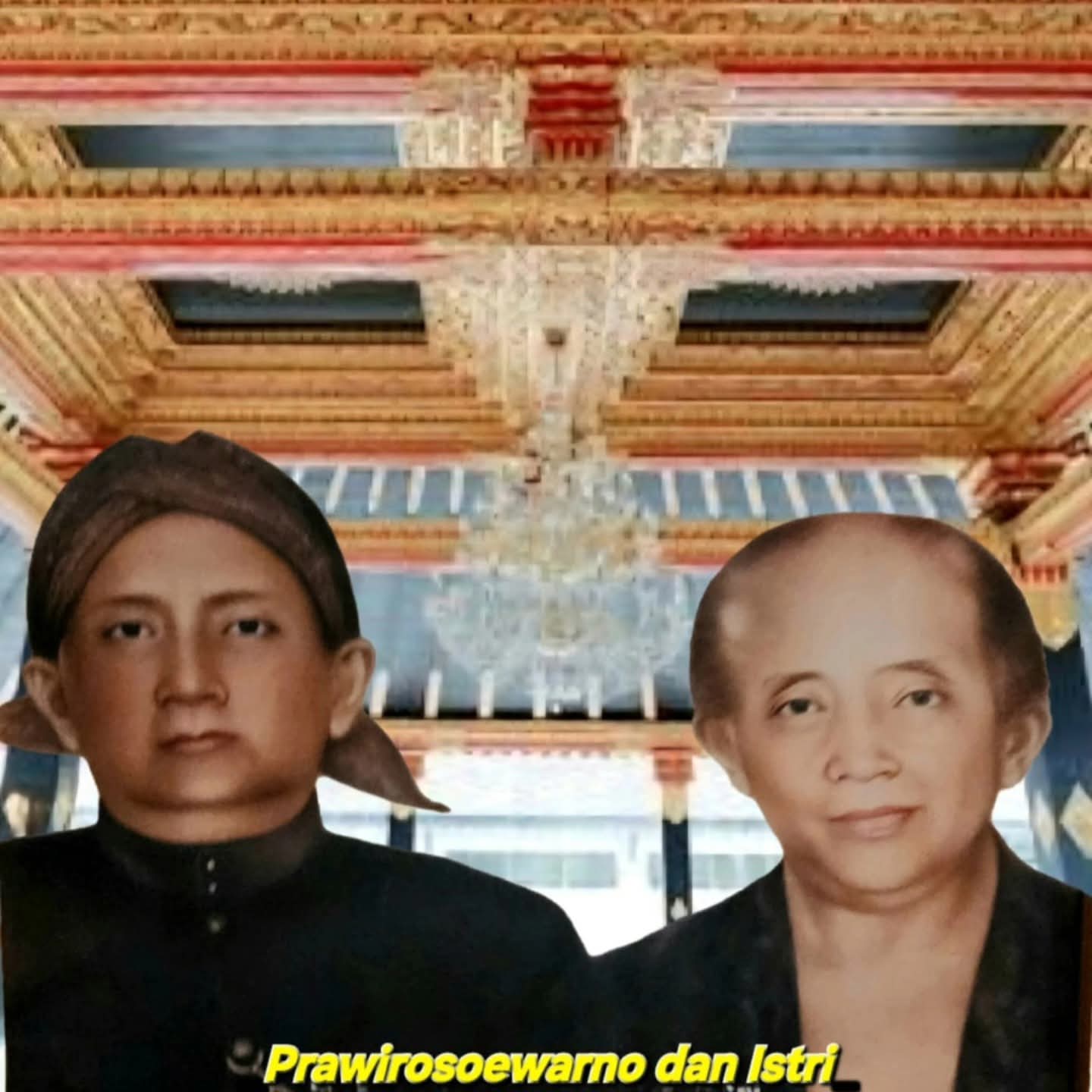 Fbimg1776448812182 catrawarta Two people stand side by side in formal black clothing in front of a ornate wooden ceiling a yellow caption is visible at the bottom in indonesian