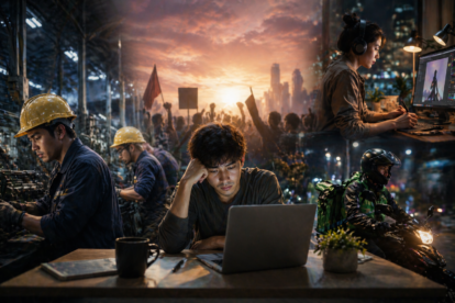 Ilustrasi Gen Z yang bekerja hanya dengan laptopnya.