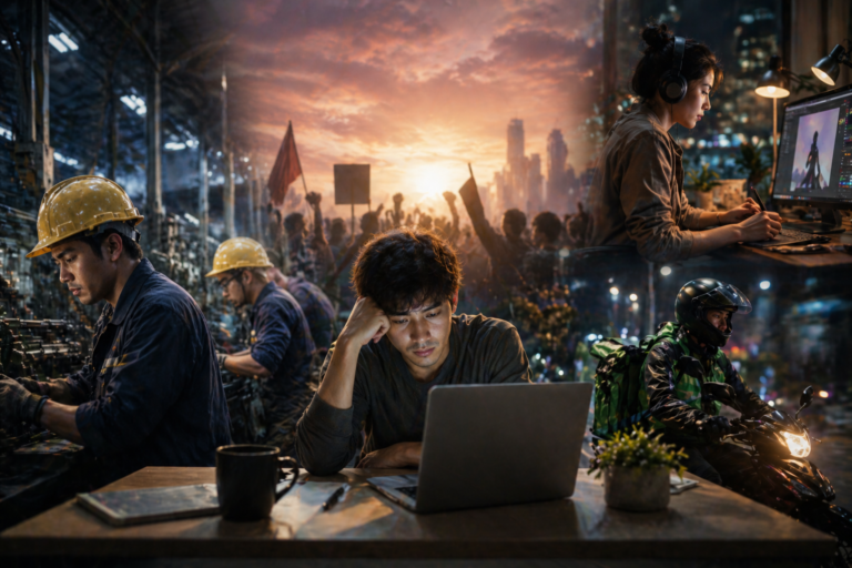 Ilustrasi Gen Z yang bekerja hanya dengan laptopnya.