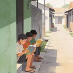Three children sit on concrete steps in a sunny alley each reading a colorful book leaning against green wall houses