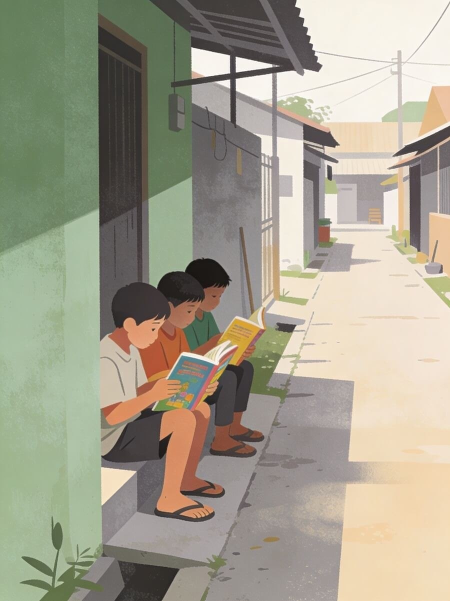 Three children sit on concrete steps in a sunny alley each reading a colorful book leaning against green wall houses