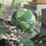Earth wrapped in plastic amid a polluted city street with piles of trash and a littered river
