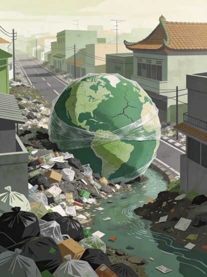 Earth wrapped in plastic amid a polluted city street with piles of trash and a littered river.