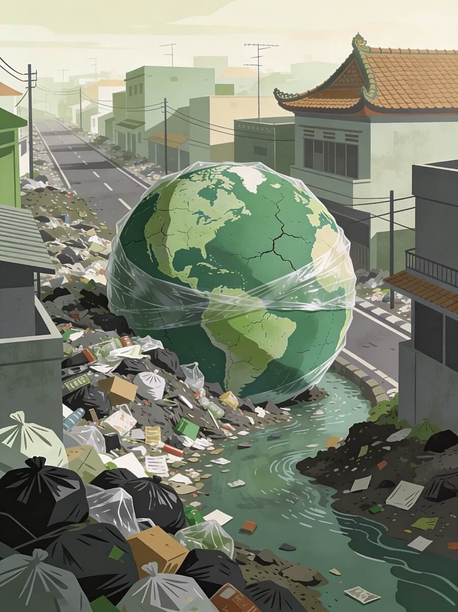 Earth wrapped in plastic amid a polluted city street with piles of trash and a littered river