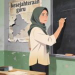 Illustration of a woman in a green hijab writing on a chalkboard looking worried with a torn poster reading kesejahteraan guru in the background