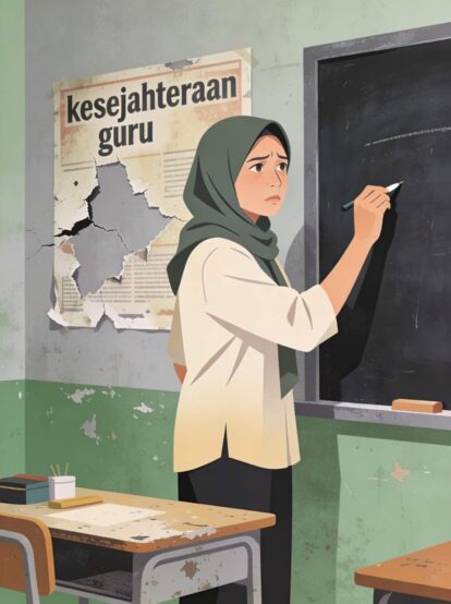 Illustration of a woman in a green hijab writing on a chalkboard, looking worried, with a torn poster reading 'kesejahteraan guru' in the background.