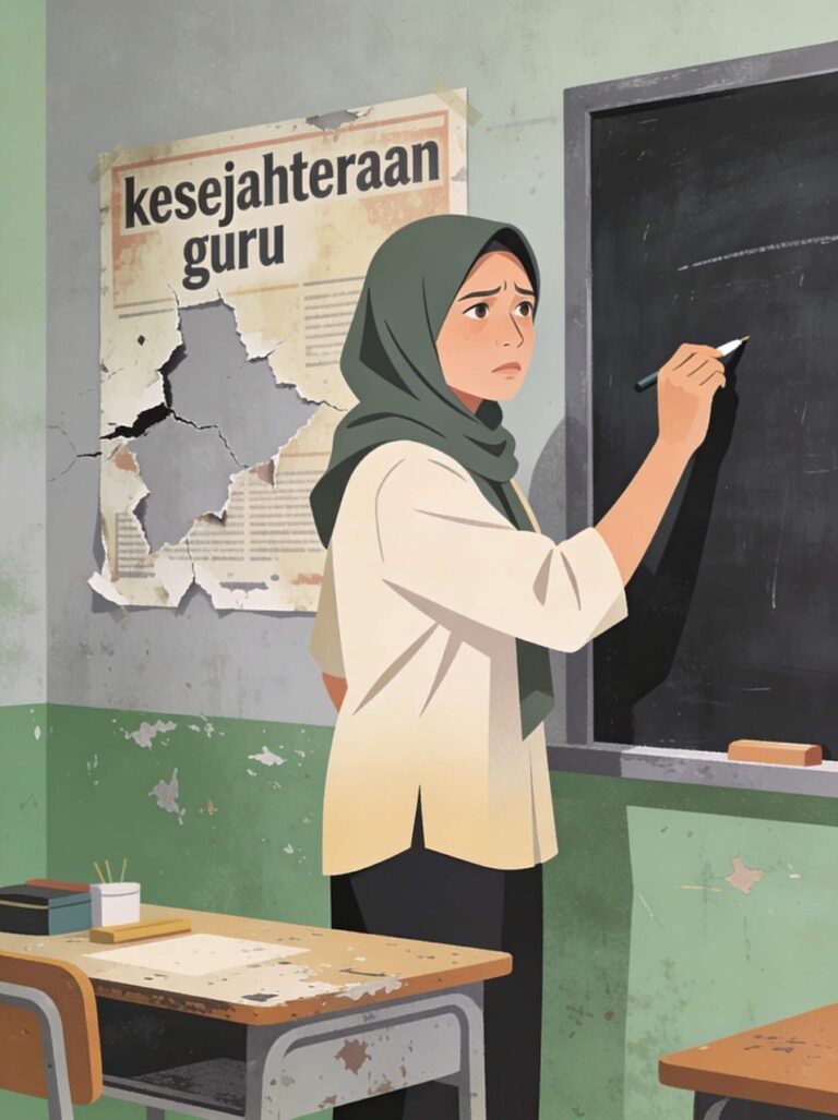 Illustration of a woman in a green hijab writing on a chalkboard, looking worried, with a torn poster reading 'kesejahteraan guru' in the background.