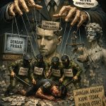 Powerful political artwork showing government figures manipulating people like puppets a man on the floor is crushed by soldiers while signs read dendam pribadi  and hak asasi nearby