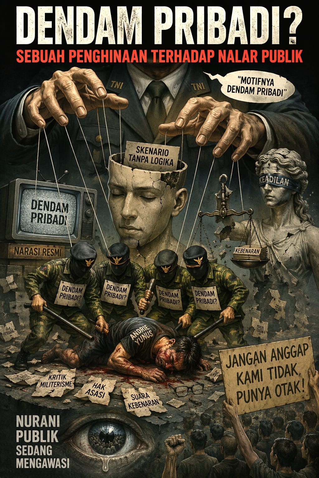 Img20260416wa0026 catrawarta Powerful political artwork showing government figures manipulating people like puppets a man on the floor is crushed by soldiers while signs read dendam pribadi and hak asasi nearby
