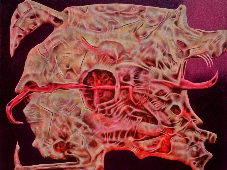 Red-toned abstract cross-section of a human head showing prominent blood vessels through the skull and brain area against a dark background.