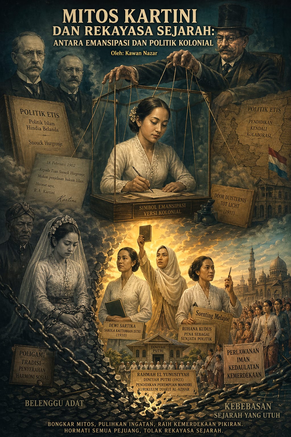 Poster berintikan tokoh perempuan menulis di bangku kaca berbingkai simbol emansipasi wanita dalam konteks sejarah nasional indonesia 1950 an