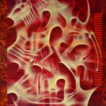 Abstract red and white organic forms with lattice lines on a dark rust border