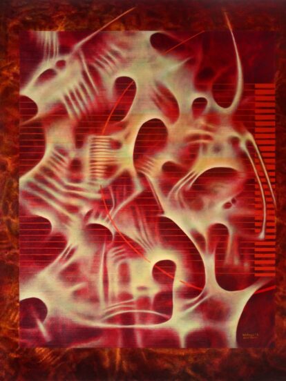 Abstract red and white organic forms with lattice lines on a dark rust border.