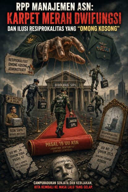 Giant hand controls civil servants as puppets over a government building, soldiers carry briefcases labeled 'Jabatan Sipil' on a red carpet.