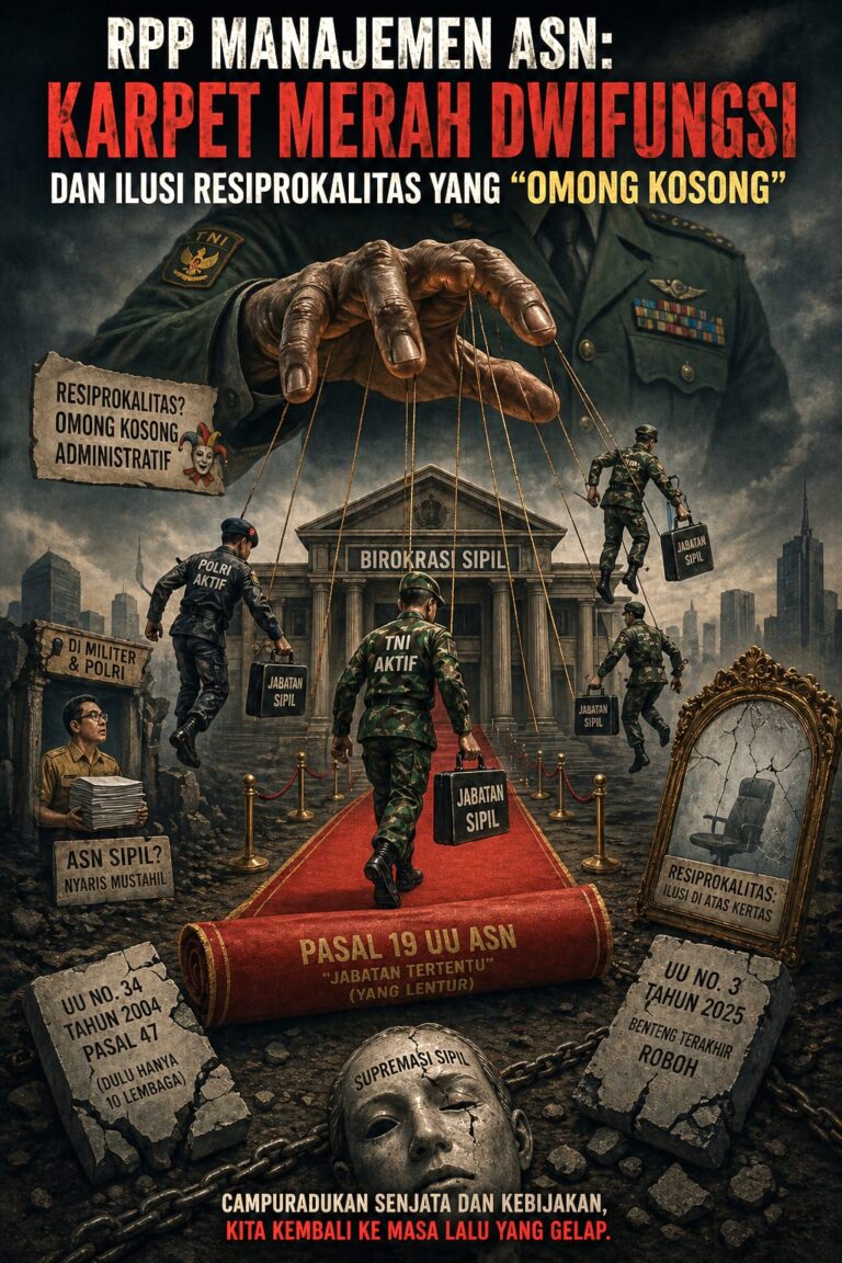 Giant hand controls civil servants as puppets over a government building, soldiers carry briefcases labeled 'Jabatan Sipil' on a red carpet.