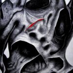 Close up of a cracked abstract grayscale sculpture surface with a single red streak in the center