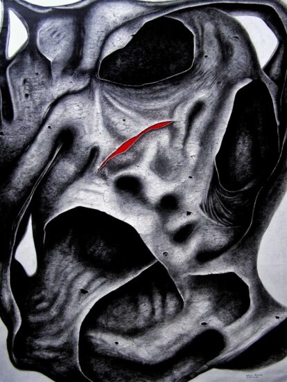 Close-up of a cracked, abstract grayscale sculpture surface with a single red streak in the center