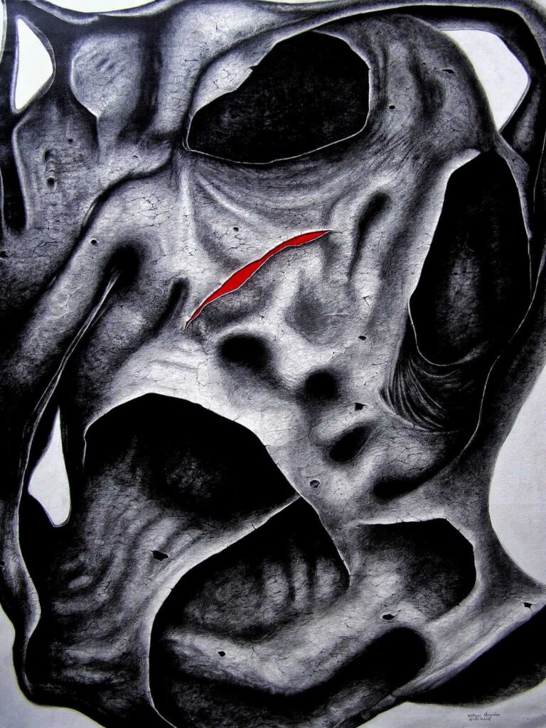 Close-up of a cracked, abstract grayscale sculpture surface with a single red streak in the center
