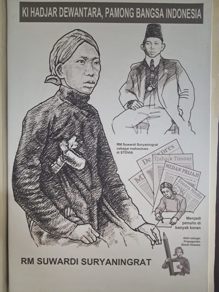 Img20260430wa0018 catrawarta Portrait poster of ki hadjar dewantara r M Suwardi suryaningrat indonesia's education pioneer, with related newspapers and a student figure in the background.