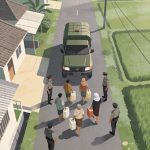 Aid distribution on a rural road a green truck stops as villagers with jerrycans approach guarded by police officers