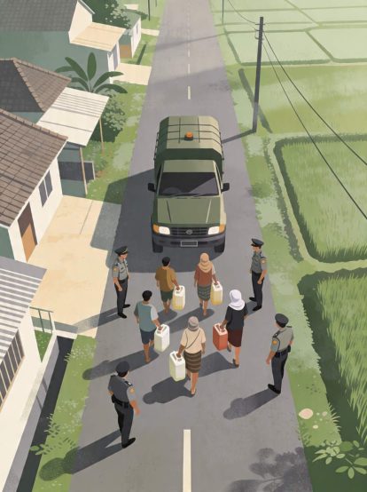 Aid distribution on a rural road: a green truck stops as villagers with jerrycans approach, guarded by police officers.