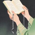 Person with chained wrists holds an open book suggesting reading as captivity against a dark background