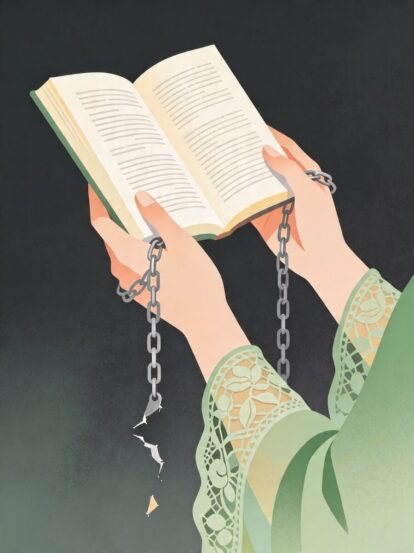 Person with chained wrists holds an open book, suggesting reading as captivity, against a dark background.