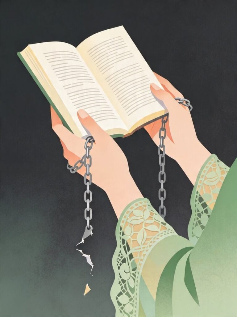 Person with chained wrists holds an open book, suggesting reading as captivity, against a dark background.
