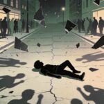 Person lying on a cracked street at night as glass shards fall around and a crowd watches
