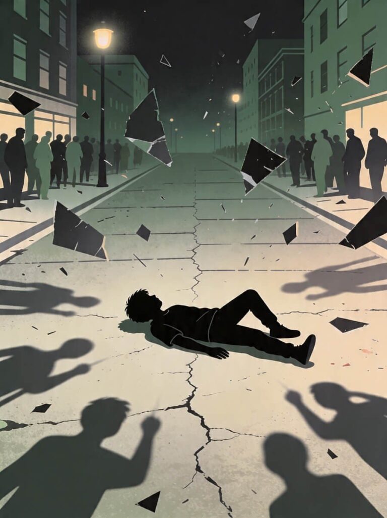 Person lying on a cracked street at night as glass shards fall around and a crowd watches.