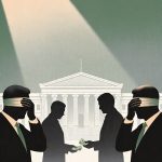 Silhouettes of two blindfolded men in suits exchanging money outside a government building symbolizing bribery and corruption