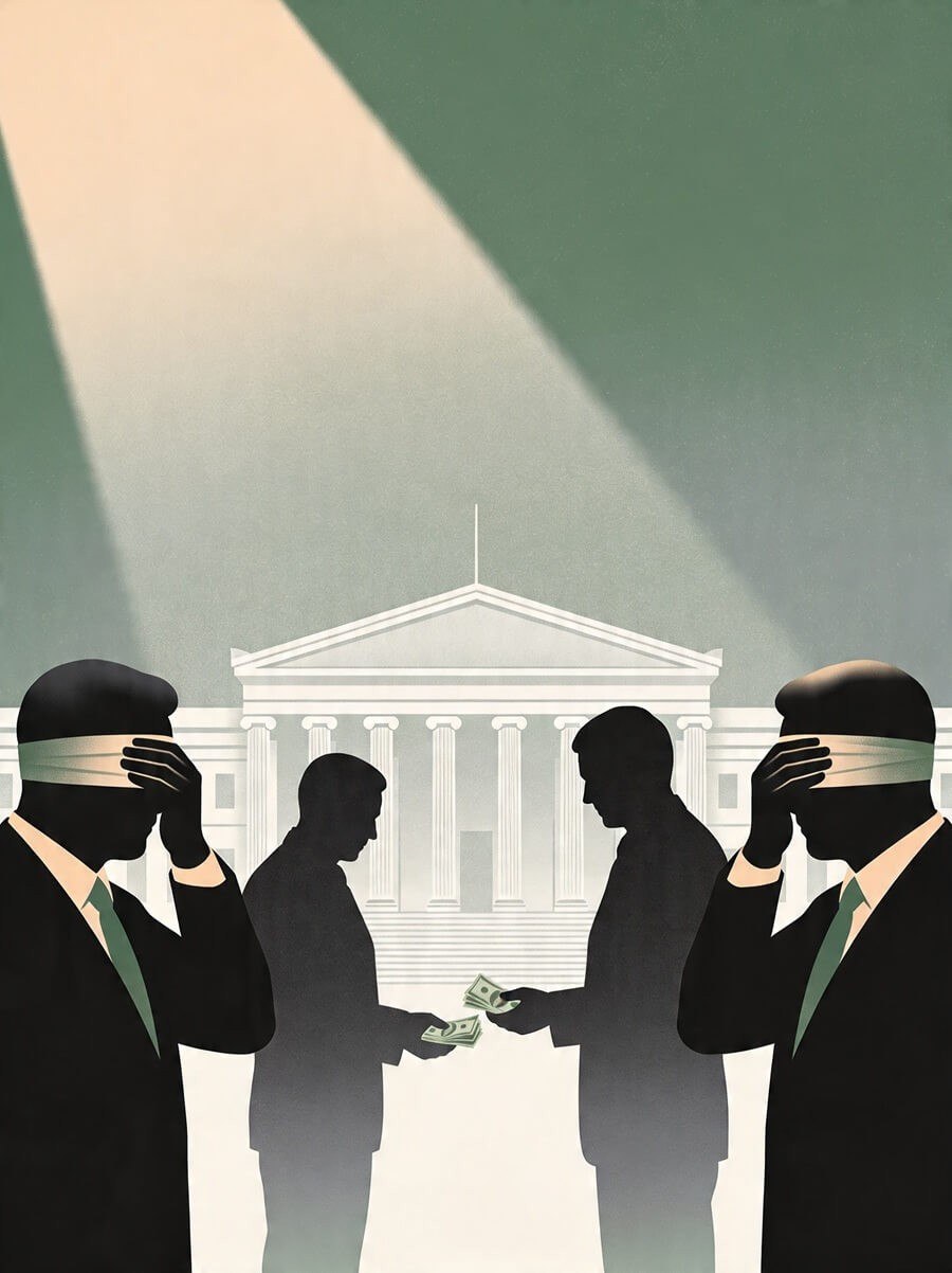 Silhouettes of two blindfolded men in suits exchanging money outside a government building symbolizing bribery and corruption