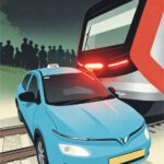 Illustration of a blue taxi on railroad tracks with a large red and white train approaching crowd silhouettes in the background suggesting a collision scenario