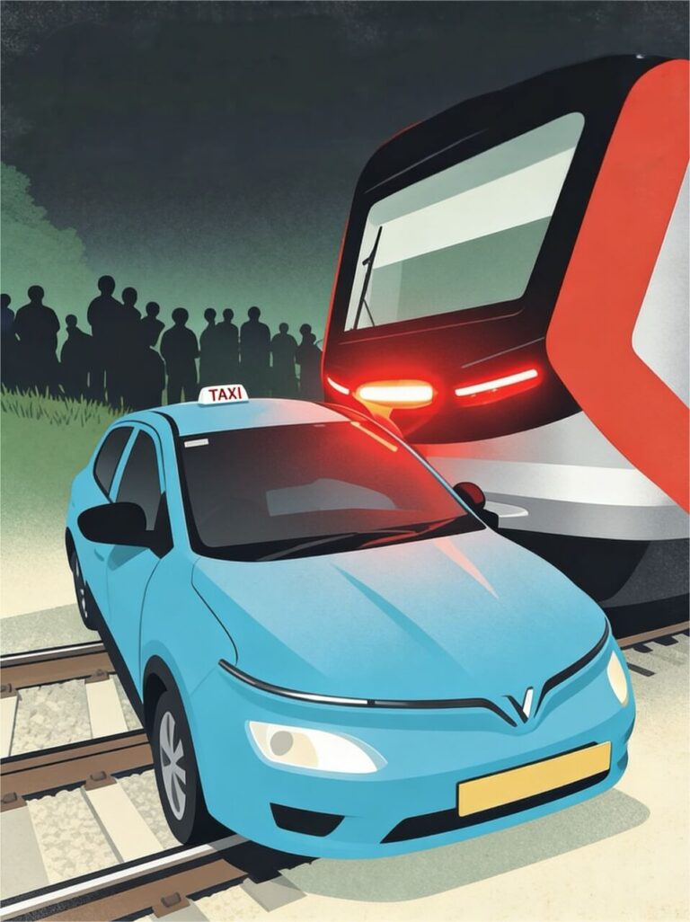 Illustration of a blue taxi on railroad tracks with a large red-and-white train approaching, crowd silhouettes in the background, suggesting a collision scenario.
