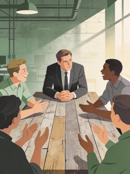 Leader in a suit sits at a wooden conference table as four colleagues applaud during a team meeting in a bright office setting.