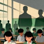 Classroom scene with students at desks heads bowed as sunlight casts large shadows on the wall
