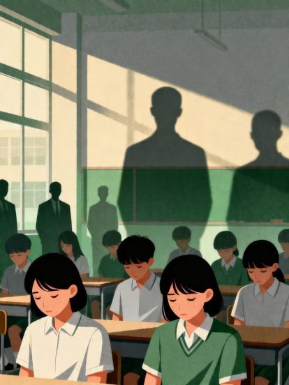 Classroom scene with students at desks, heads bowed as sunlight casts large shadows on the wall.