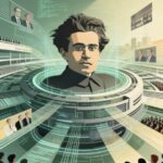 Futuristic conference scene with a mans portrait emerging from a circular holographic platform while an audience watches and screens display data