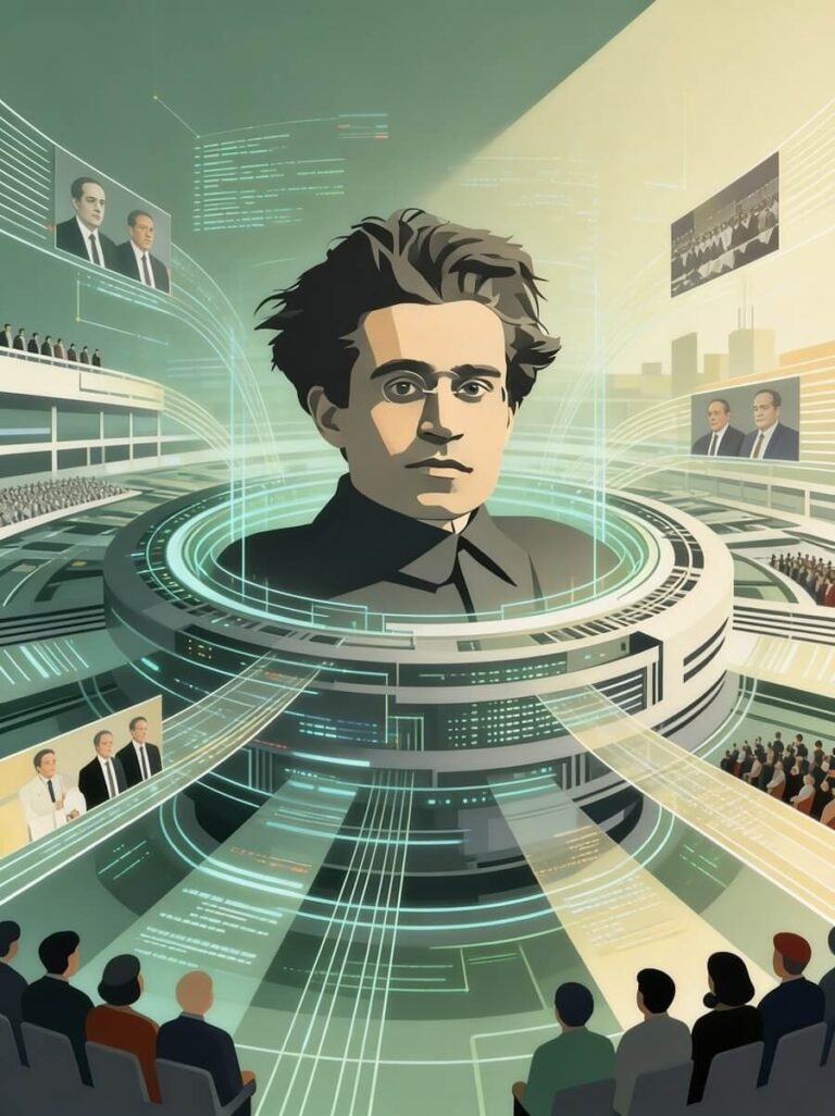 Futuristic conference scene with a man's portrait emerging from a circular holographic platform while an audience watches and screens display data.