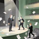 Four men in suits hold white masks on a stage as spotlight beams shine down papers fly through the air in a theater
