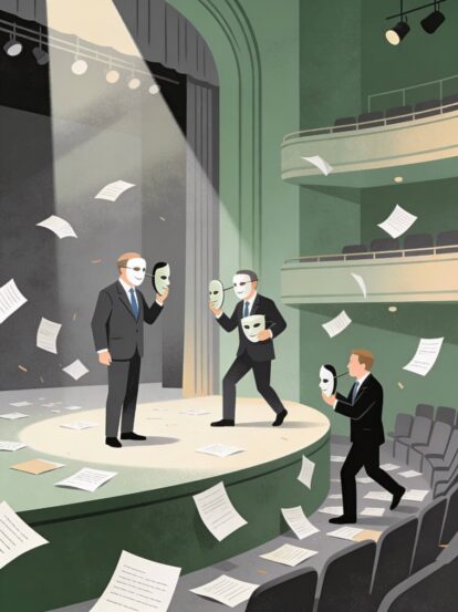 Four men in suits hold white masks on a stage as spotlight beams shine down; papers fly through the air in a theater.